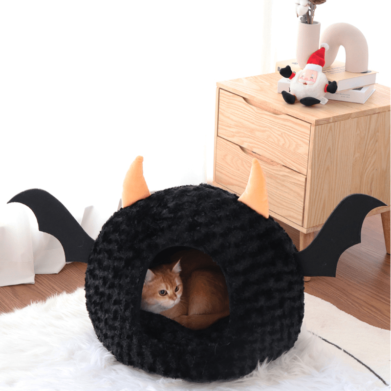 Halloween Little Devil Cartoon Eggshell Pet Bed Warm Semi - Enclosed Cat Dog House - PIKAPIKA
