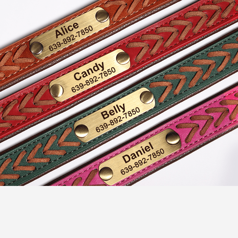 Handmade Leather Dog Collar Personalized Name Tag with Leashes - PIKAPIKA