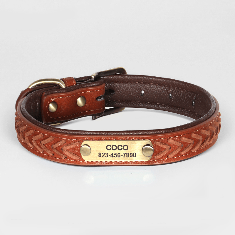 Handmade Leather Dog Collar Personalized Name Tag with Leashes - PIKAPIKA
