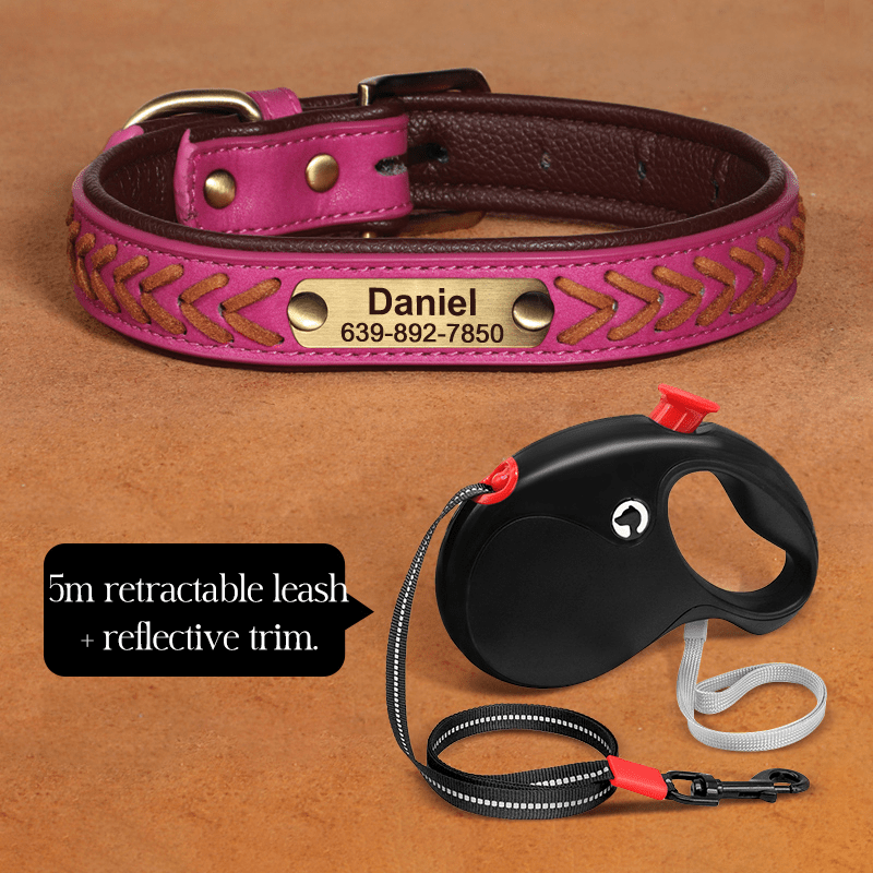 Handmade Leather Dog Collar Personalized Name Tag with Leashes - PIKAPIKA