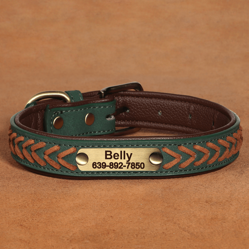 Handmade Leather Dog Collar Personalized Name Tag with Leashes - PIKAPIKA