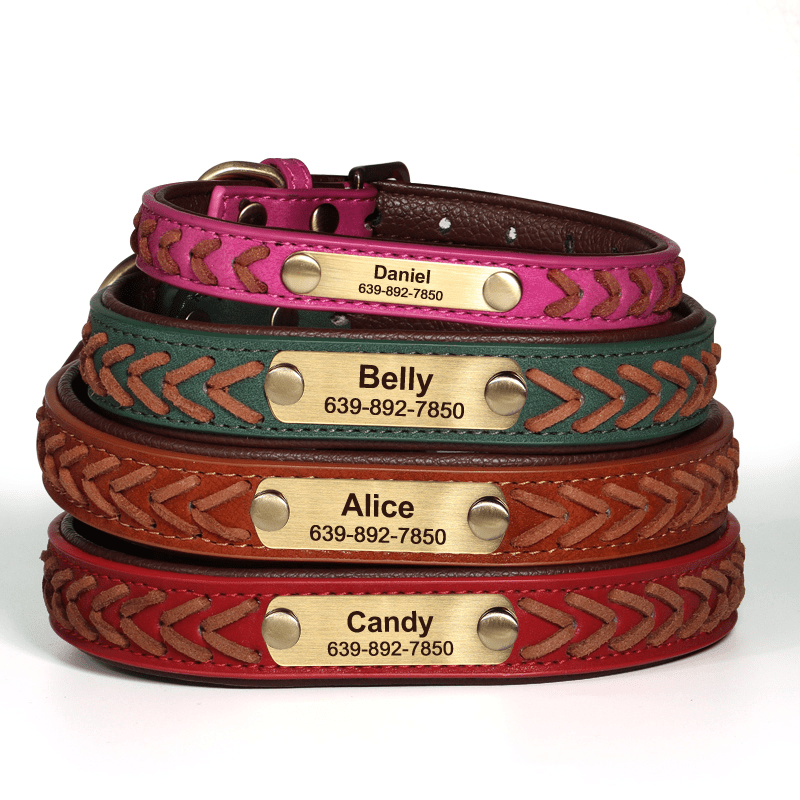 Handmade Leather Dog Collar Personalized Name Tag with Leashes - PIKAPIKA