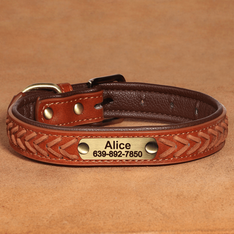 Handmade Leather Dog Collar Personalized Name Tag with Leashes - PIKAPIKA