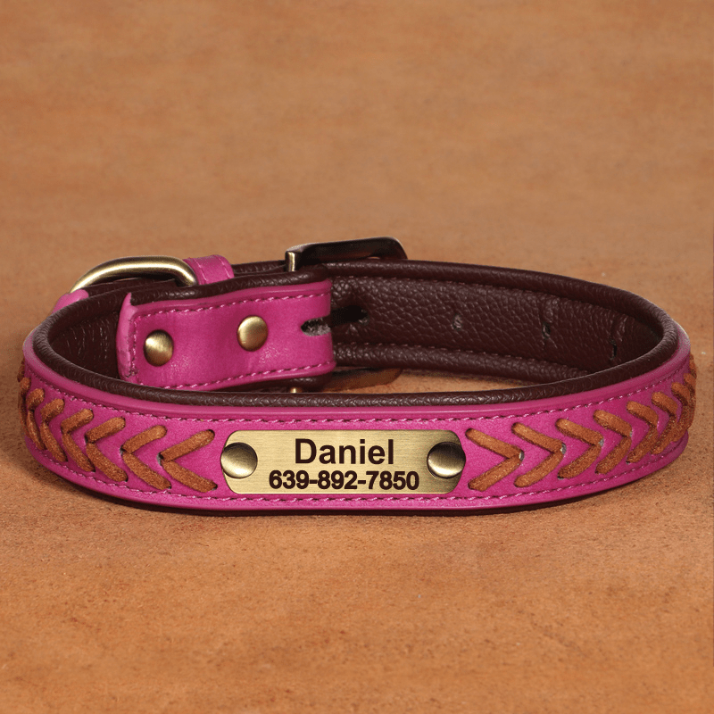 Handmade Leather Dog Collar Personalized Name Tag with Leashes - PIKAPIKA