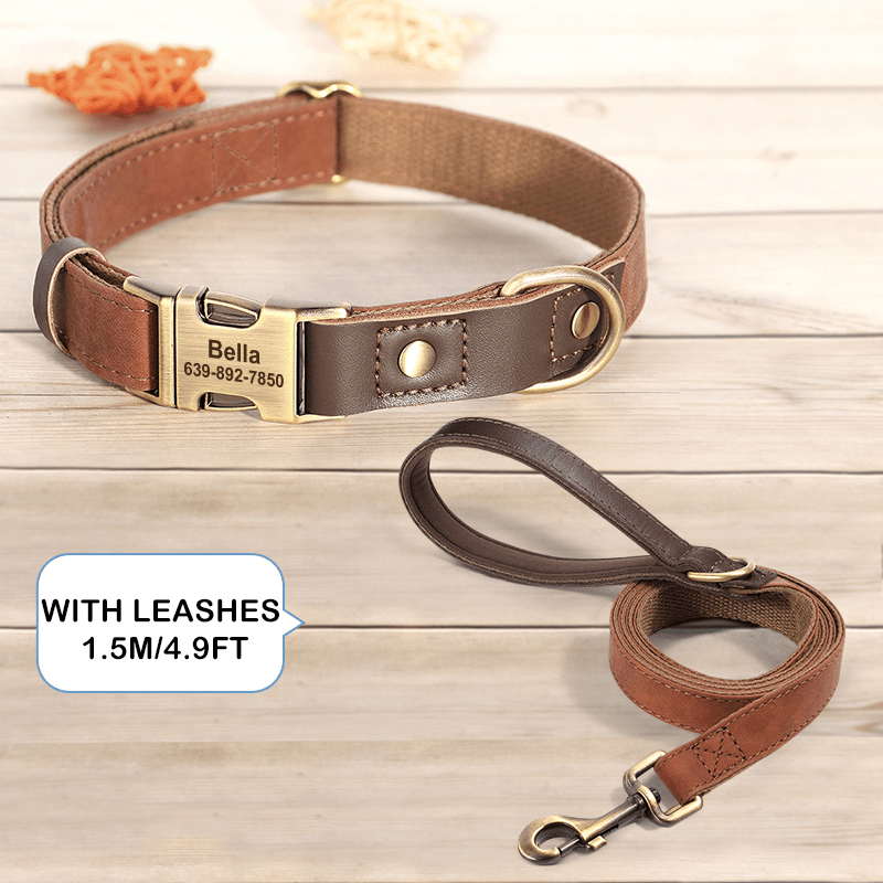Handmade Leather Engraved Anti - Lost Dog Collar for Medium Large Dogs - PIKAPIKA
