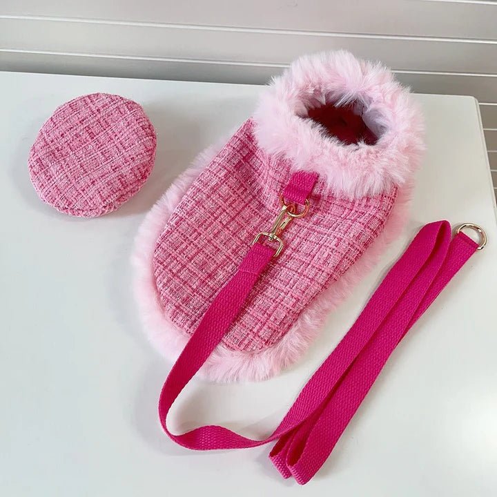 Luxury Chanel Tweed Faux Fur Cape Cloak Coat with Leashes Dog Clothes - PIKAPIKA