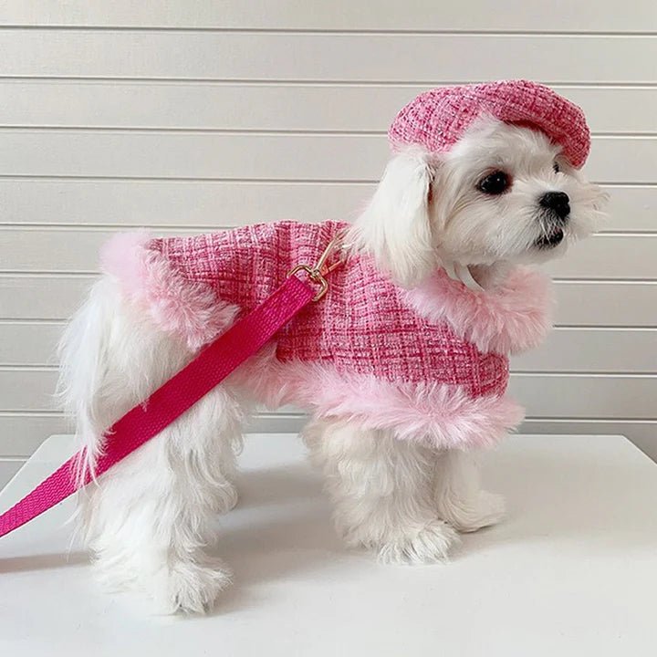 Luxury Chanel Tweed Faux Fur Cape Cloak Coat with Leashes Dog Clothes - PIKAPIKA