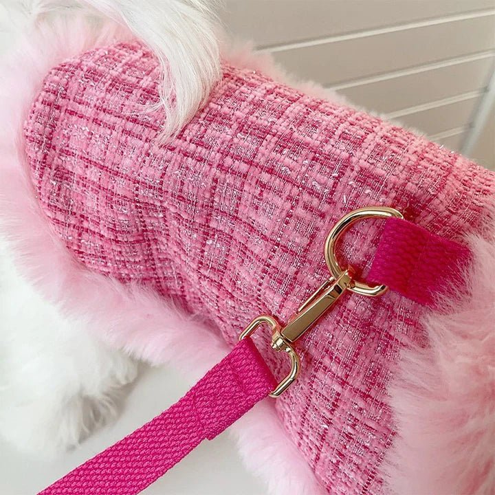 Luxury Chanel Tweed Faux Fur Cape Cloak Coat with Leashes Dog Clothes - PIKAPIKA