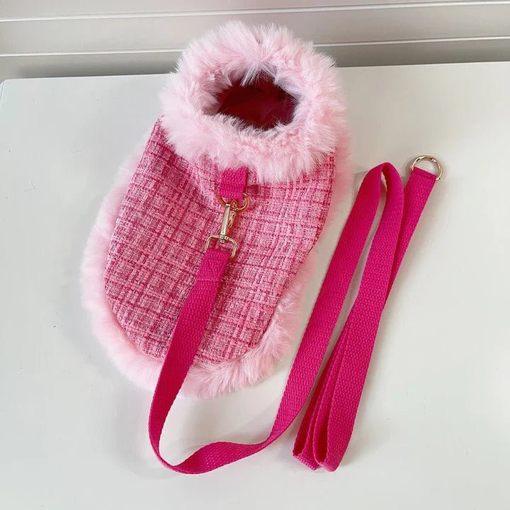 Luxury Chanel Tweed Faux Fur Cape Cloak Coat with Leashes Dog Clothes - PIKAPIKA