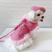 Luxury Chanel Tweed Faux Fur Cape Cloak Coat with Leashes Dog Clothes - PIKAPIKA