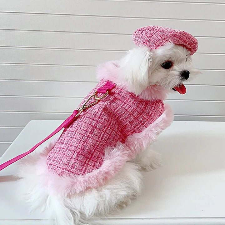 Luxury Chanel Tweed Faux Fur Cape Cloak Coat with Leashes Dog Clothes - PIKAPIKA