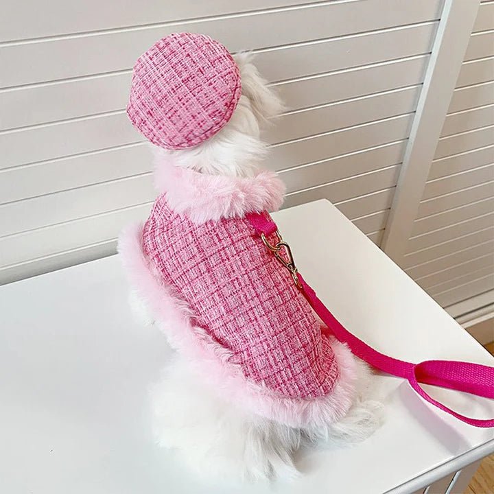 Luxury Chanel Tweed Faux Fur Cape Cloak Coat with Leashes Dog Clothes - PIKAPIKA