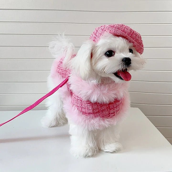 Luxury Chanel Tweed Faux Fur Cape Cloak Coat with Leashes Dog Clothes - PIKAPIKA