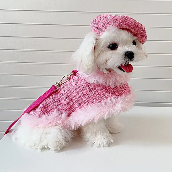 Luxury Chanel Tweed Faux Fur Cape Cloak Coat with Leashes Dog Clothes - PIKAPIKA