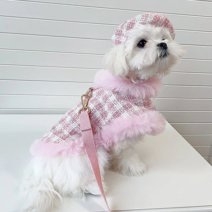 Luxury Design Tweed Faux Fur Cape Cloak Coat with Leashes Dog Clothes - PIKAPIKA