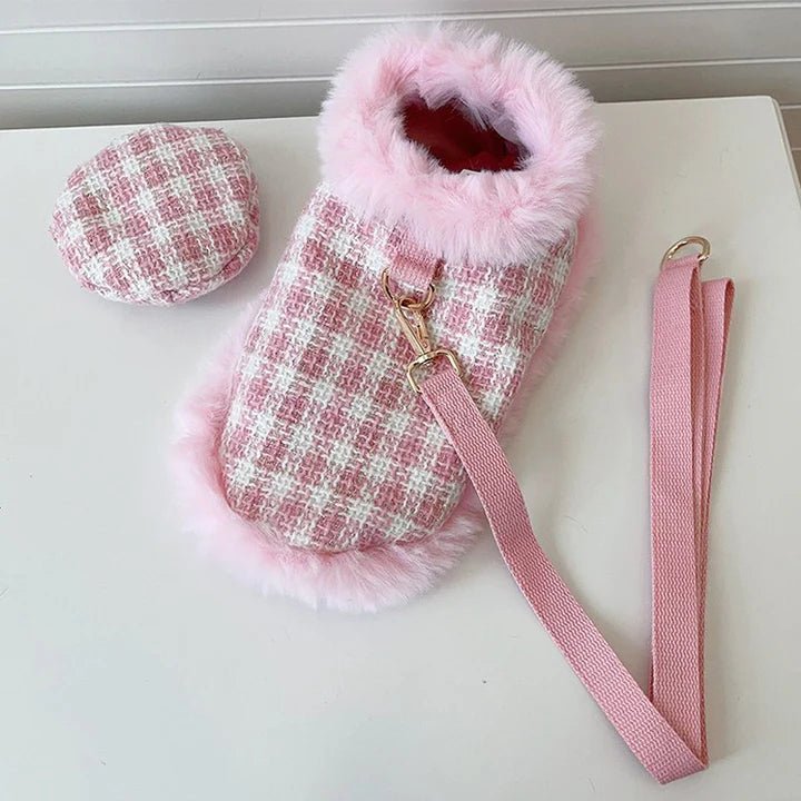 Luxury Design Tweed Faux Fur Cape Cloak Coat with Leashes Dog Clothes - PIKAPIKA