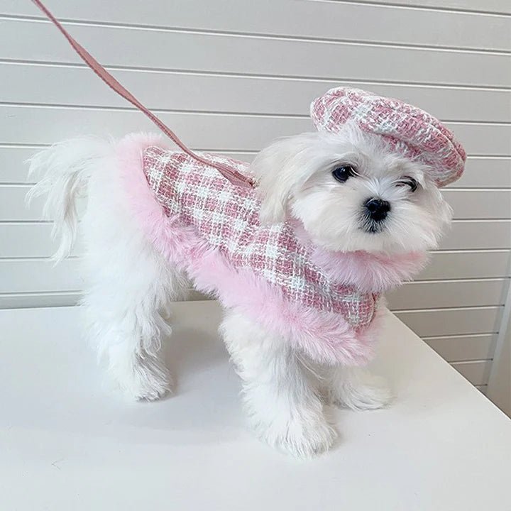 Luxury Design Tweed Faux Fur Cape Cloak Coat with Leashes Dog Clothes - PIKAPIKA