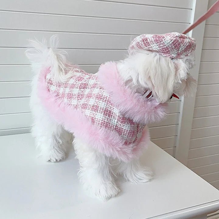 Luxury Design Tweed Faux Fur Cape Cloak Coat with Leashes Dog Clothes - PIKAPIKA