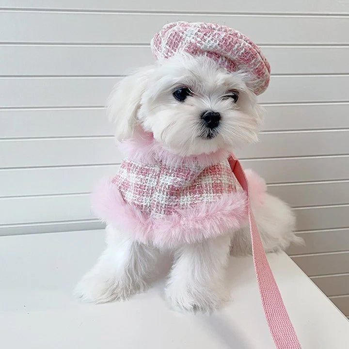 Luxury Design Tweed Faux Fur Cape Cloak Coat with Leashes Dog Clothes - PIKAPIKA