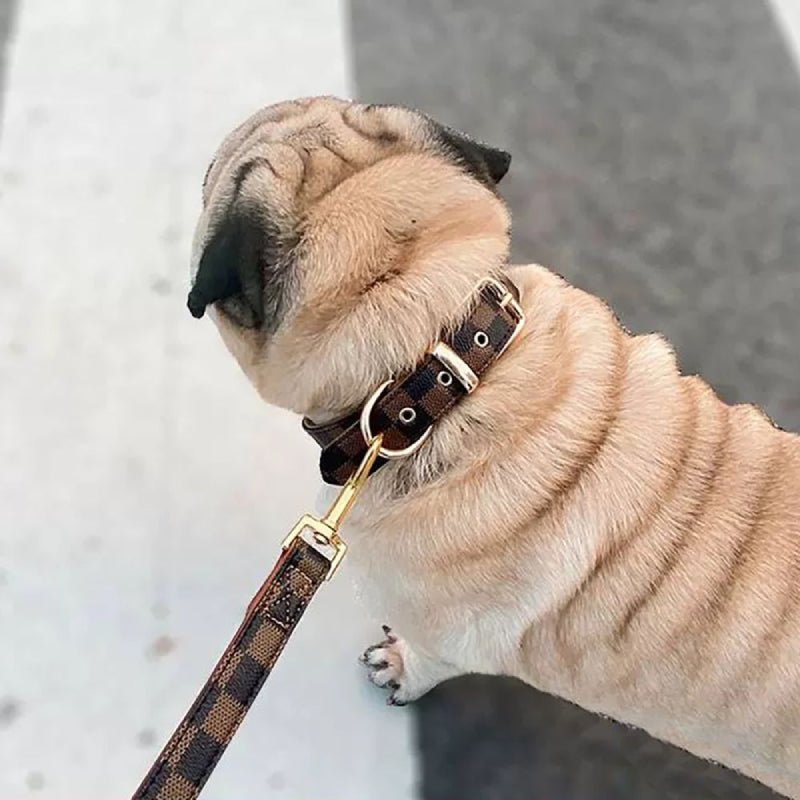 Monogram Dog Collar Leash Set PU Leather Adjustable - PIKAPIKA