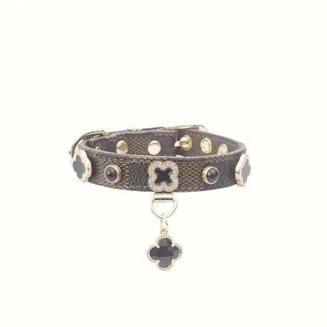 Monogram Dog Collar Leash Set PU Leather Adjustable - PIKAPIKA