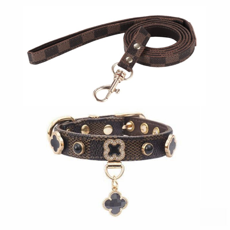 Monogram Dog Collar Leash Set PU Leather Adjustable - PIKAPIKA
