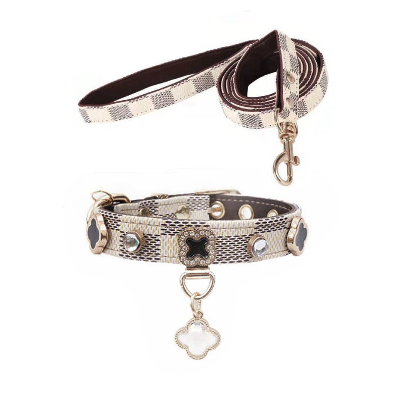 Monogram Dog Collar Leash Set PU Leather Adjustable - PIKAPIKA