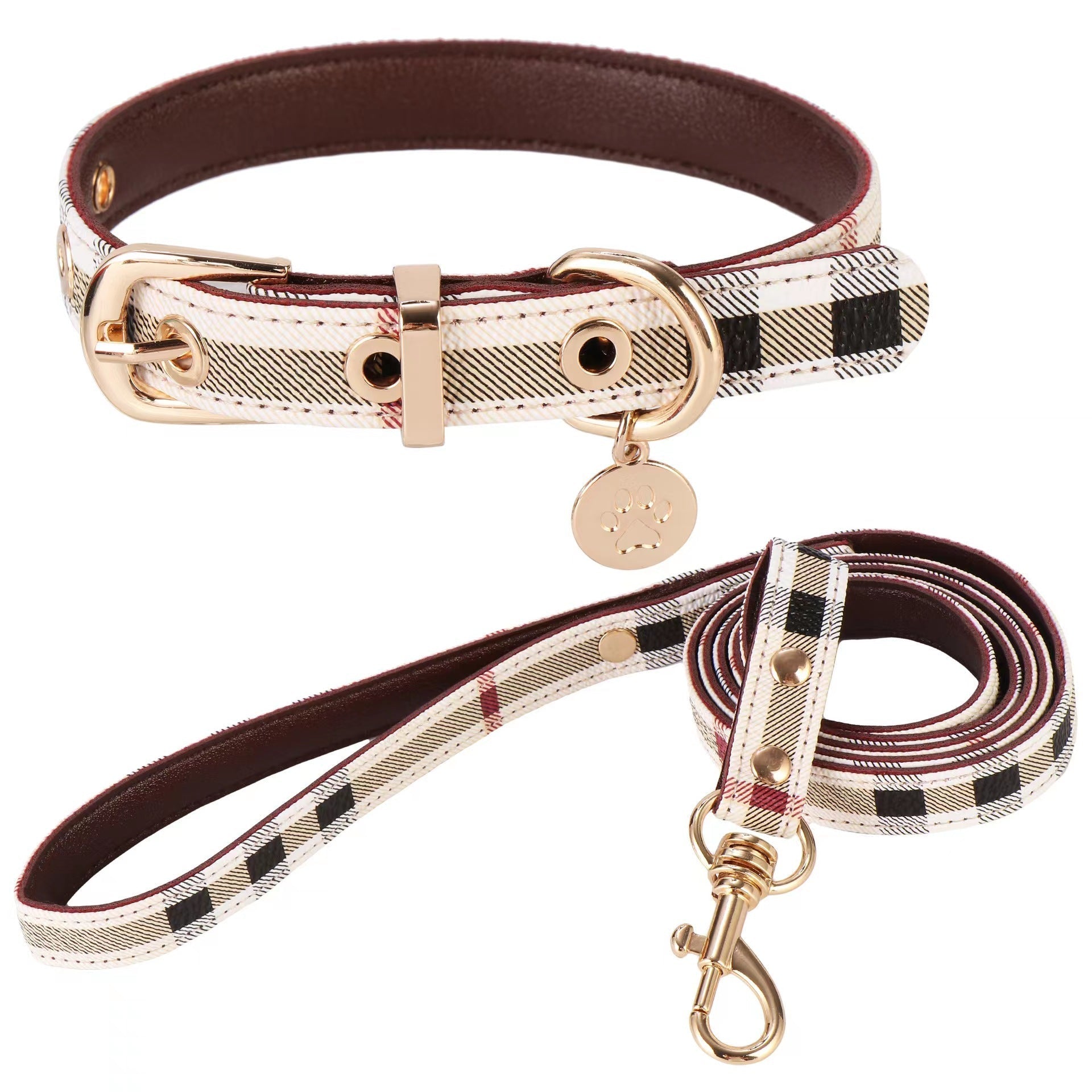 Monogram Dog Collar Leashes Set 3.6 - 4.1FT Leather D - Ring Adjustable Breathable - PIKAPIKA