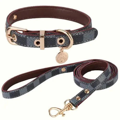 Monogram Dog Collar Leashes Set 3.6 - 4.1FT Leather D - Ring Adjustable Breathable - PIKAPIKA