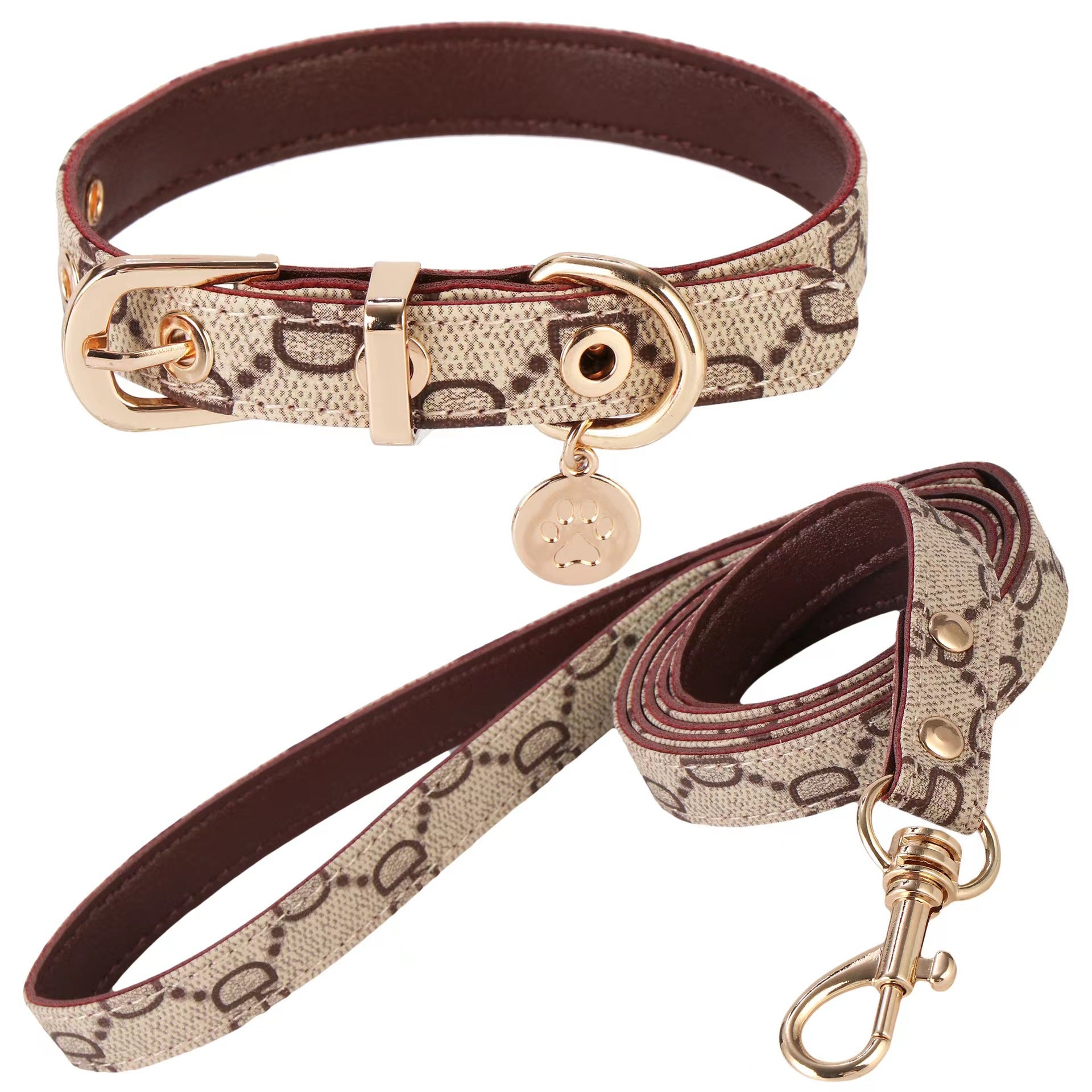 Monogram Dog Collar Leashes Set 3.6 - 4.1FT Leather D - Ring Adjustable Breathable - PIKAPIKA