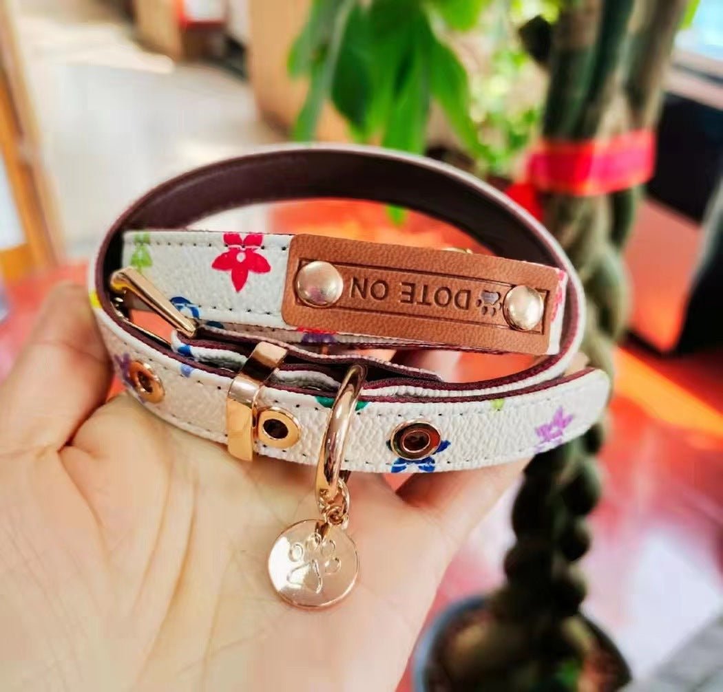 Monogram Dog Collar Leashes Set 3.6 - 4.1FT Leather D - Ring Adjustable Breathable - PIKAPIKA