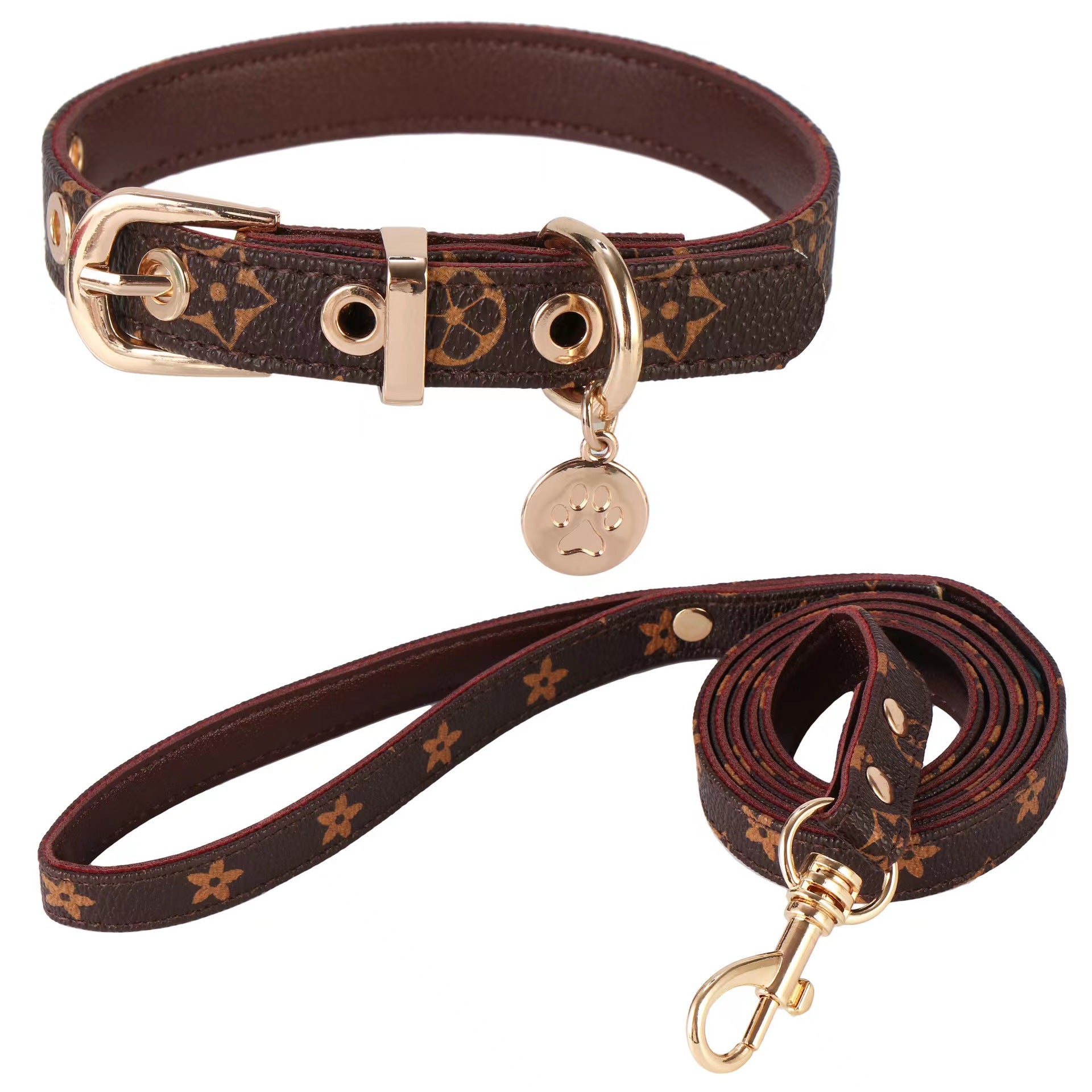Monogram Dog Collar Leashes Set 3.6 - 4.1FT Leather D - Ring Adjustable Breathable - PIKAPIKA