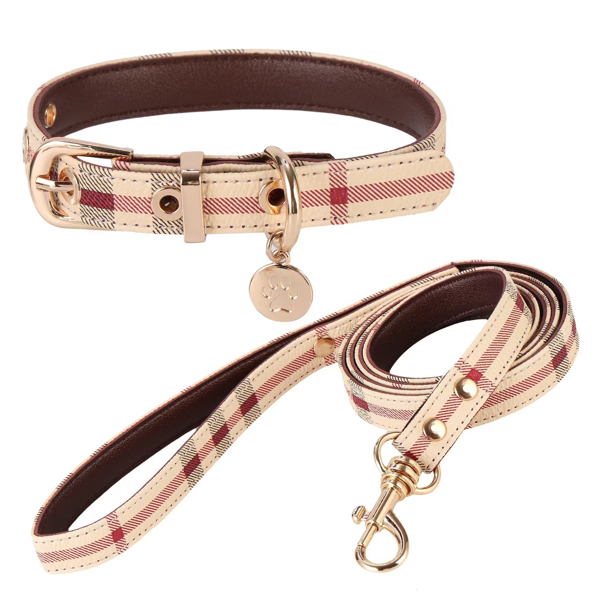 Monogram Dog Collar Leashes Set 3.6 - 4.1FT Leather D - Ring Adjustable Breathable - PIKAPIKA