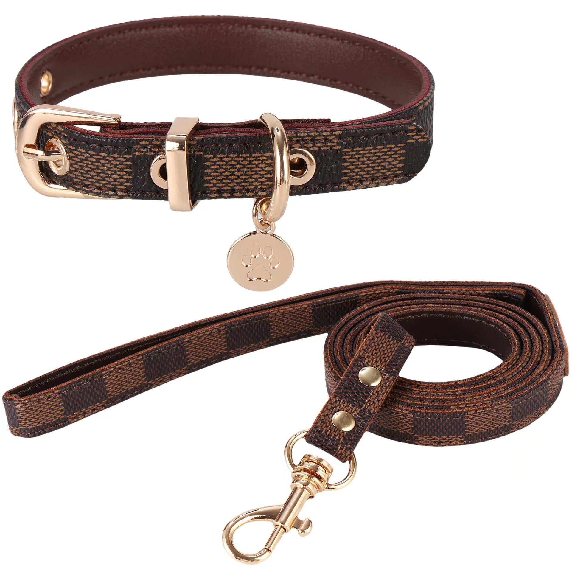 Monogram Dog Collar Leashes Set 3.6 - 4.1FT Leather D - Ring Adjustable Breathable - PIKAPIKA