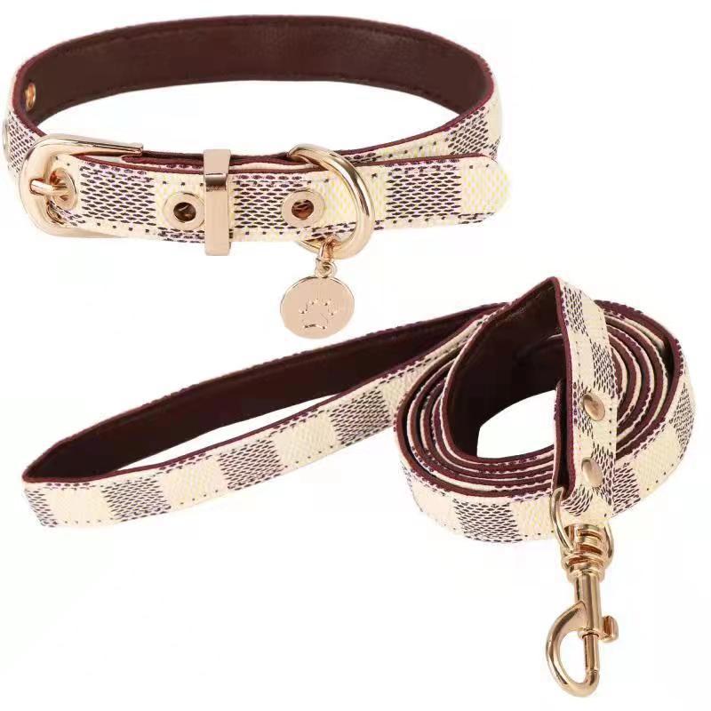 Monogram Dog Collar Leashes Set 3.6 - 4.1FT Leather D - Ring Adjustable Breathable - PIKAPIKA