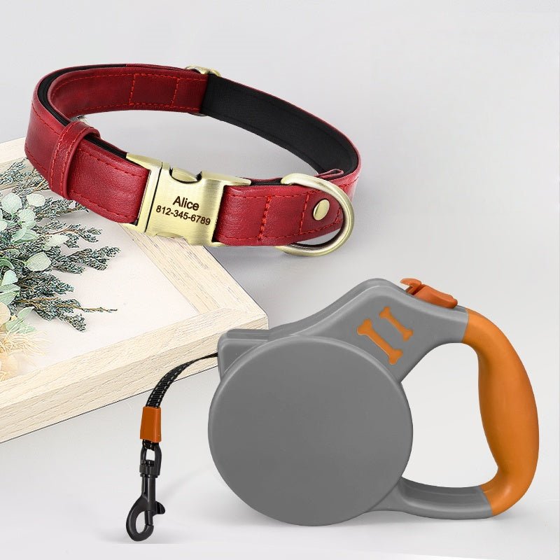 Personalized Leather Dog Collar Custom ID Tag Anti - Lost for Medium Big Dogs - PIKAPIKA