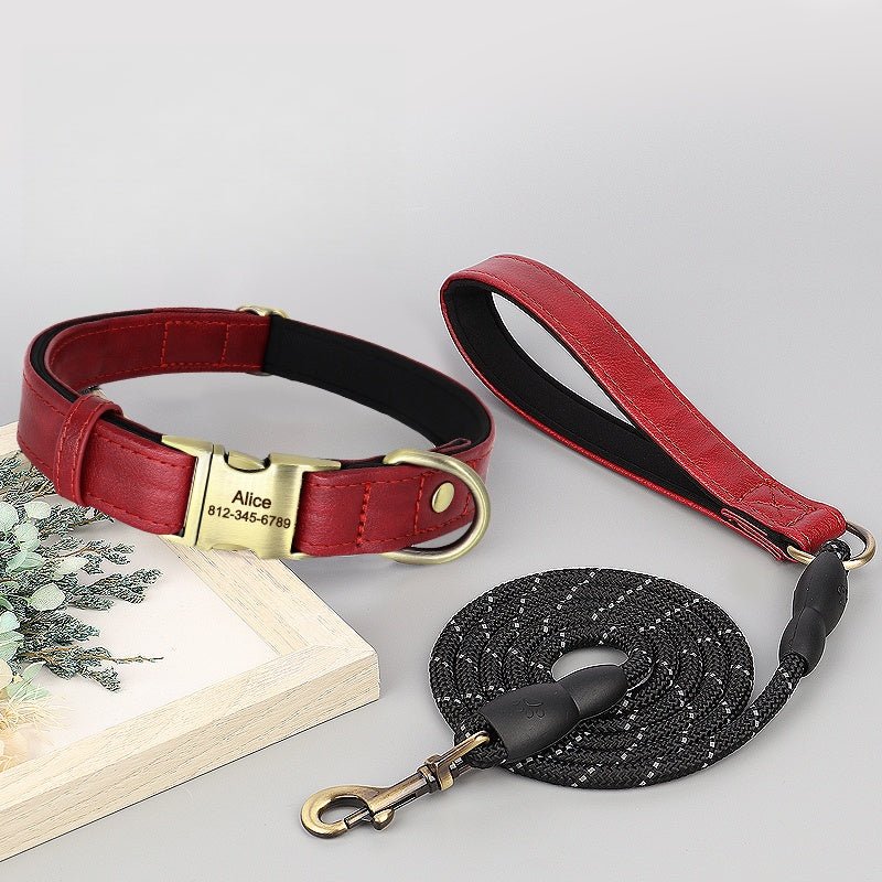 Personalized Leather Dog Collar Custom ID Tag Anti - Lost for Medium Big Dogs - PIKAPIKA