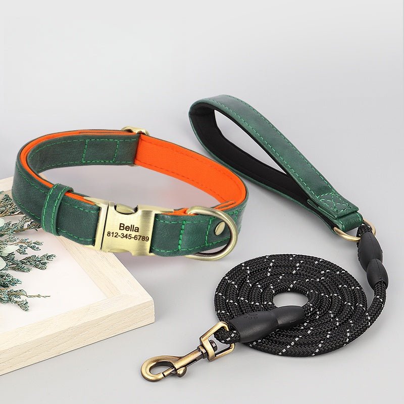 Personalized Leather Dog Collar Custom ID Tag Anti - Lost for Medium Big Dogs - PIKAPIKA
