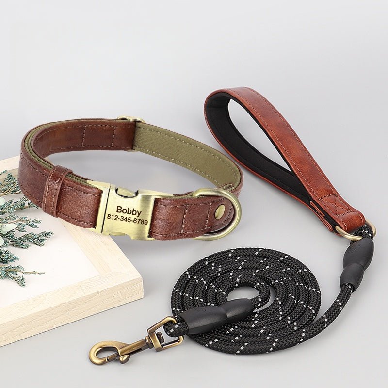 Personalized Leather Dog Collar Custom ID Tag Anti - Lost for Medium Big Dogs - PIKAPIKA