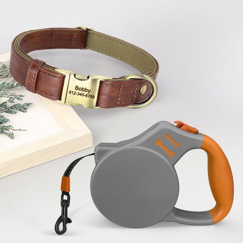 Personalized Leather Dog Collar Custom ID Tag Anti - Lost for Medium Big Dogs - PIKAPIKA