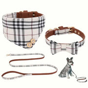 Pet Bandana Collar Leashes Set PU Leather Triangle Tartan Towels Adjustable - PIKAPIKA