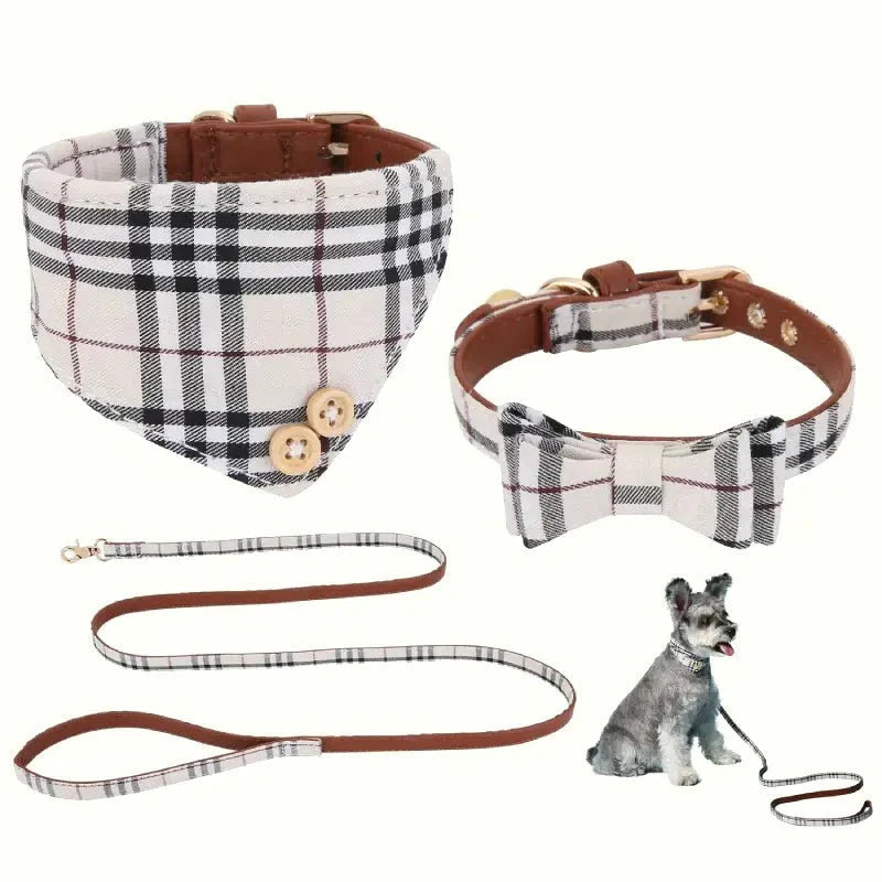 Pet Bandana Collar Leashes Set PU Leather Triangle Tartan Towels Adjustable - PIKAPIKA