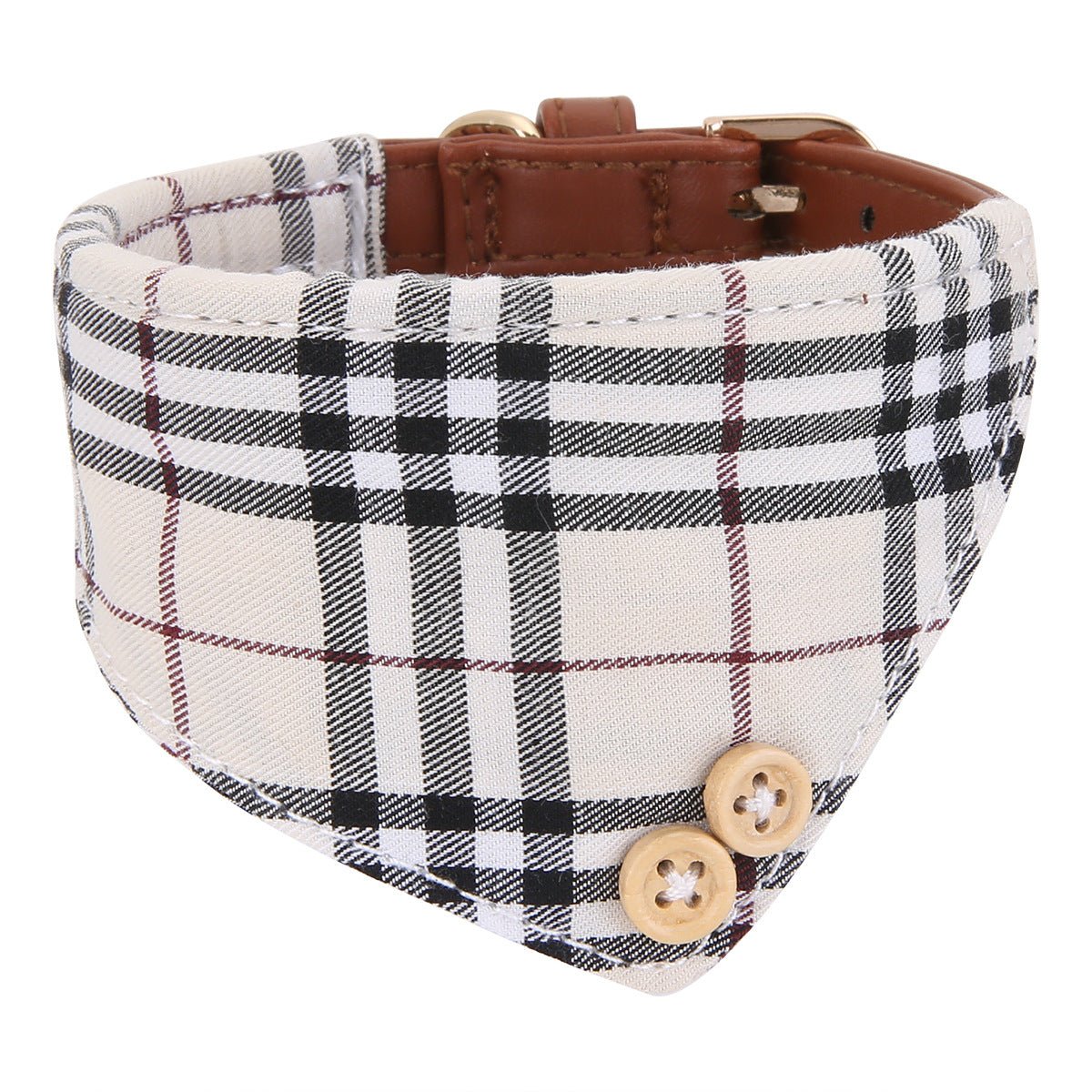 Pet Bandana Collar Leashes Set PU Leather Triangle Tartan Towels Adjustable - PIKAPIKA