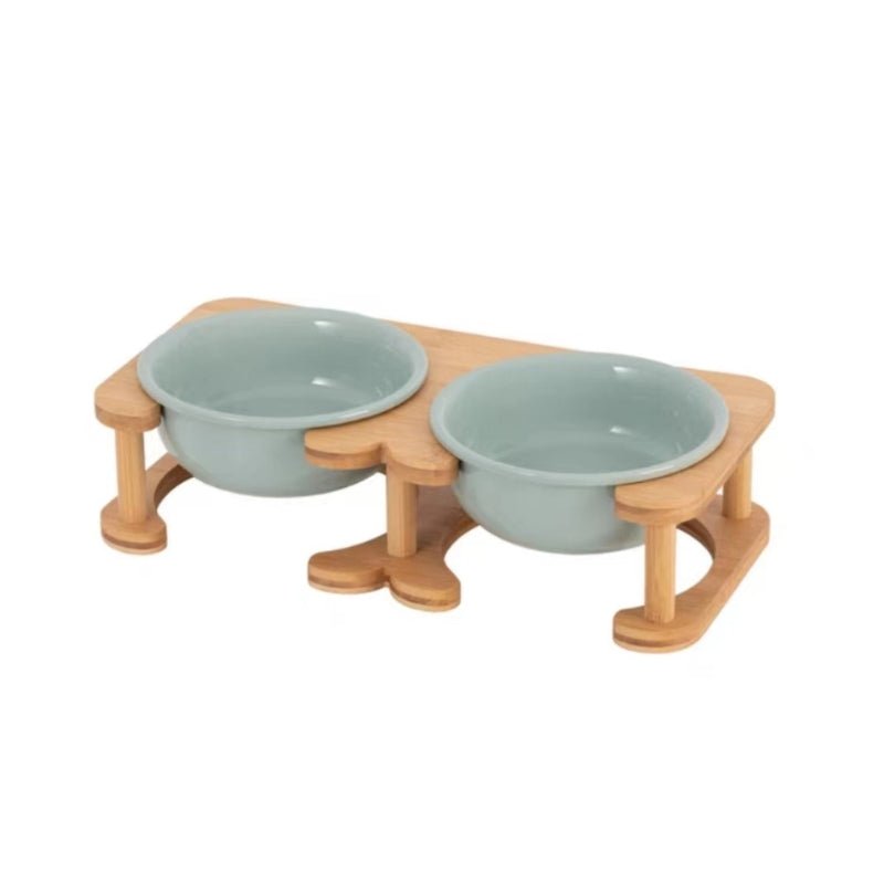 Pet Double Food Bowl Ceramic With Wood Holder - PIKAPIKA