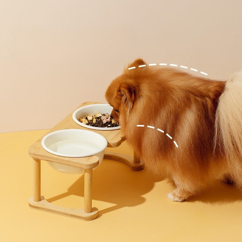 Pet Double Food Bowl Ceramic With Wood Holder - PIKAPIKA