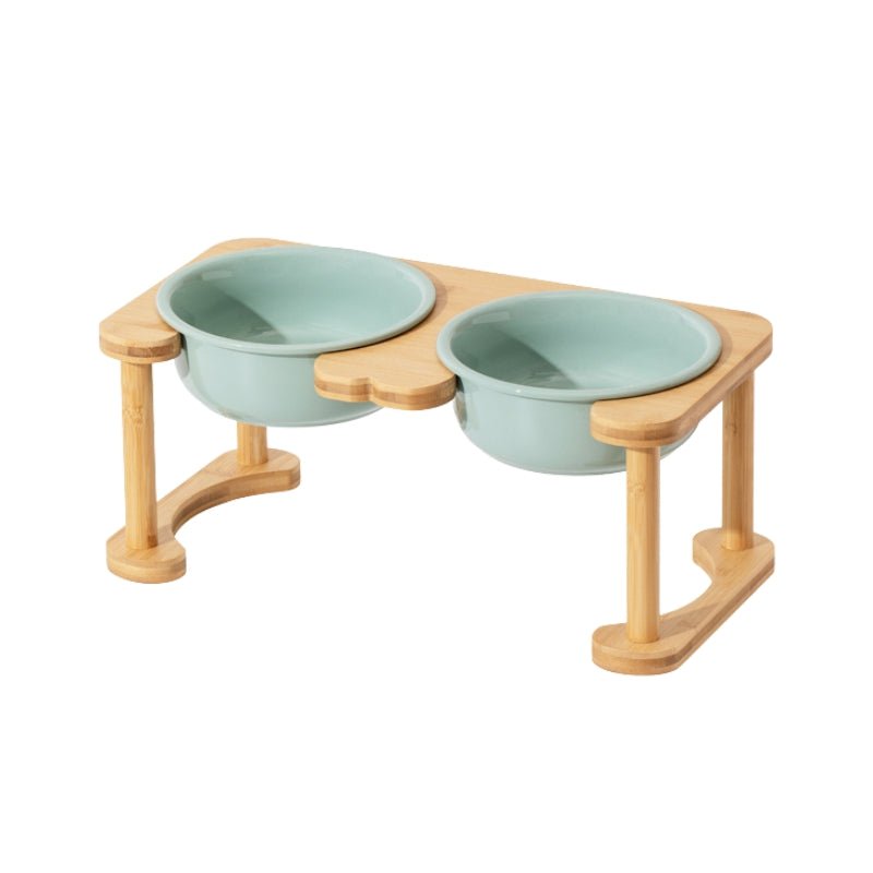 Pet Double Food Bowl Ceramic With Wood Holder - PIKAPIKA