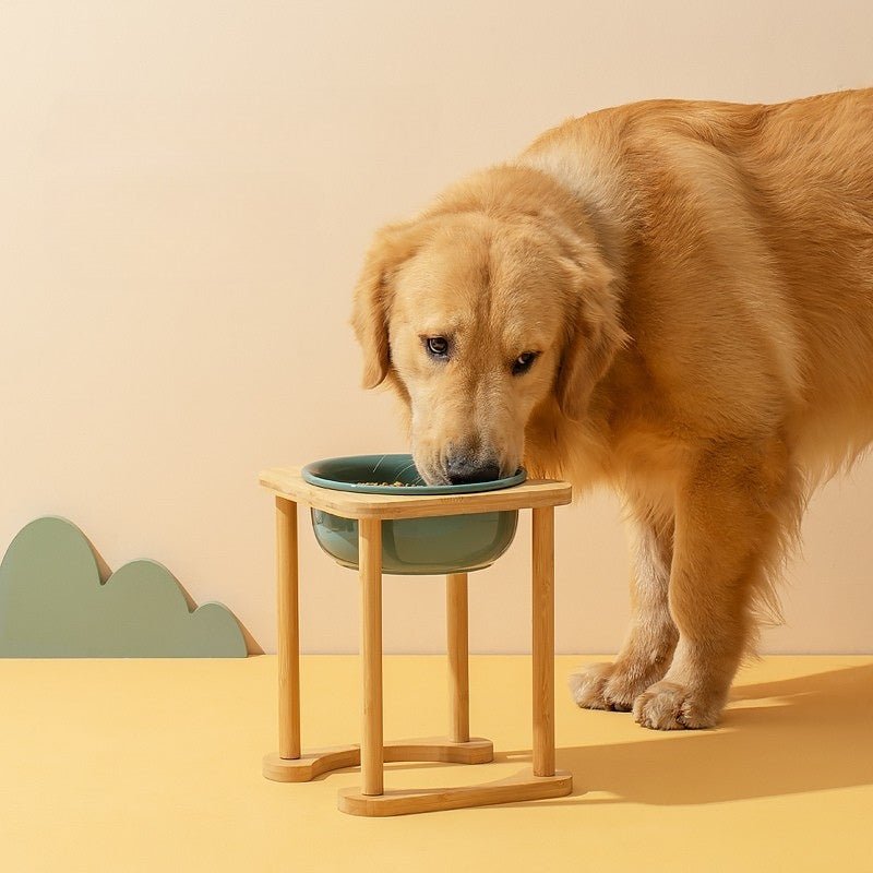 Pet Double Food Bowl Ceramic With Wood Holder - PIKAPIKA