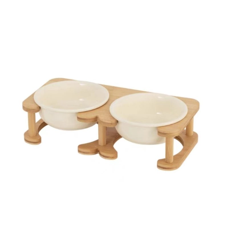 Pet Double Food Bowl Ceramic With Wood Holder - PIKAPIKA