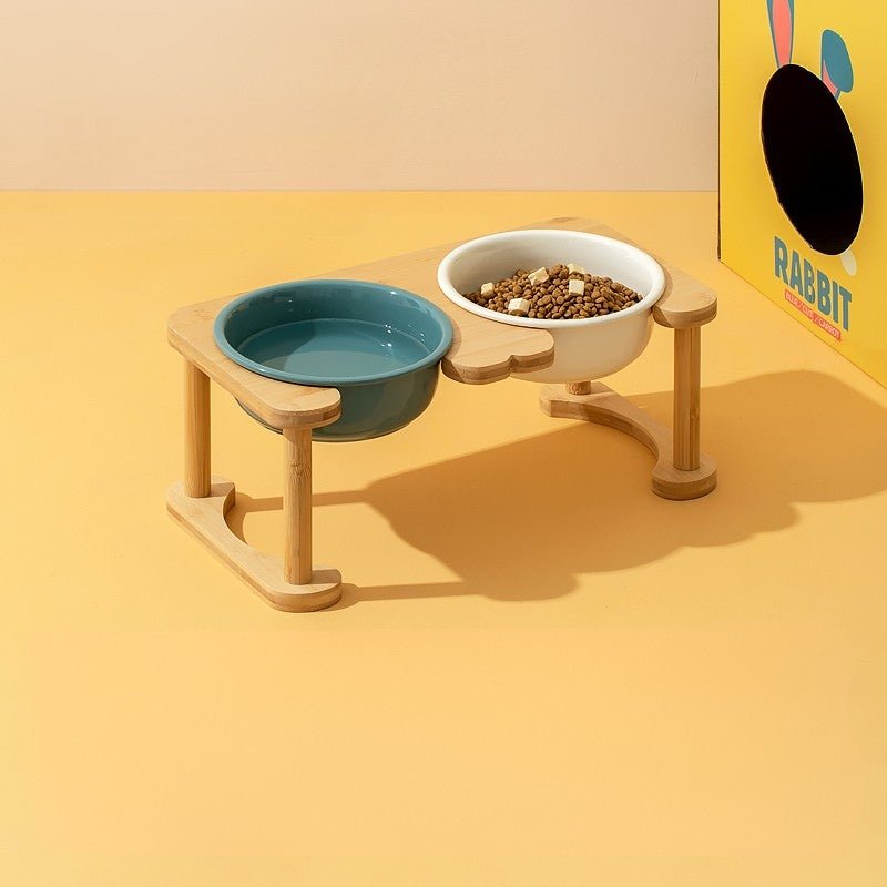 Pet Double Food Bowl Ceramic With Wood Holder - PIKAPIKA