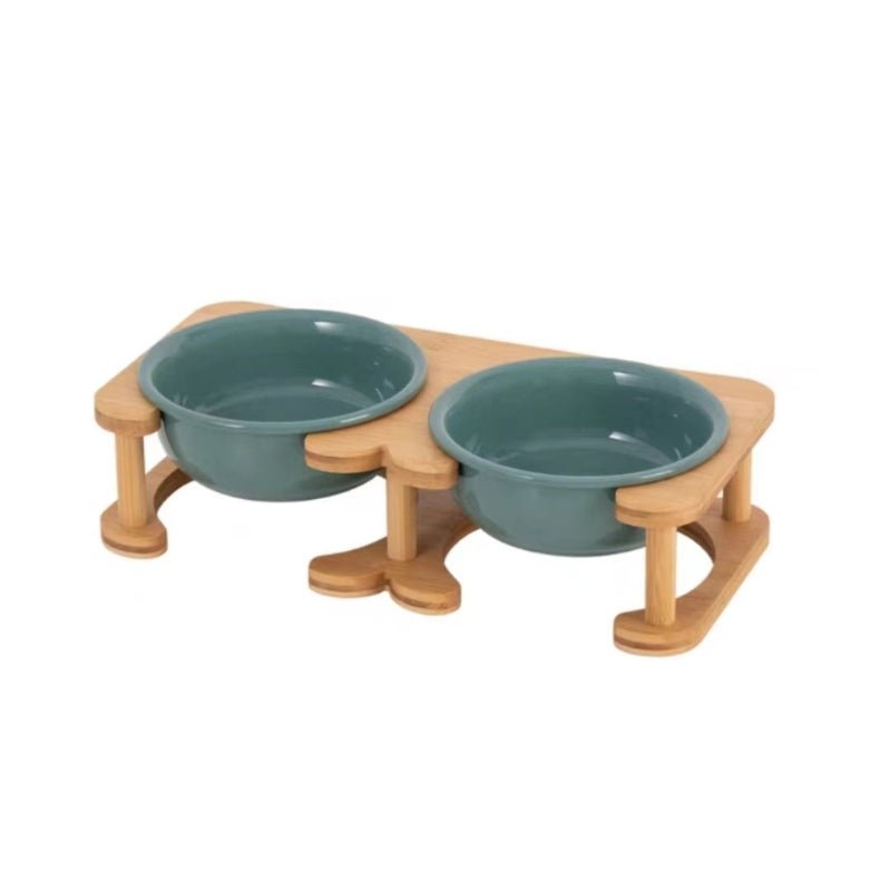 Pet Double Food Bowl Ceramic With Wood Holder - PIKAPIKA